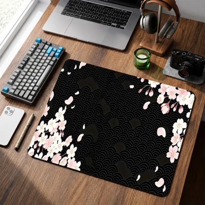  Rubber Mouse Pad, Smooth Microfiber Surface, Non-Slip Base, Rounded Edge Decorative Mouse Mat for Office & Gaming,12×8 Inch ,Black Cherry Blossom Motif