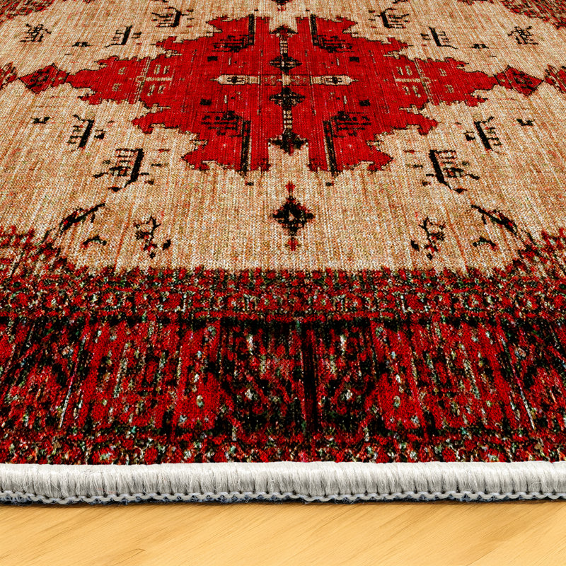 Strawbridge Burgundy Beige Moroccan Machine Printed Cotton Polyester Area Rug, Rectangle 6'7" x 11'6"