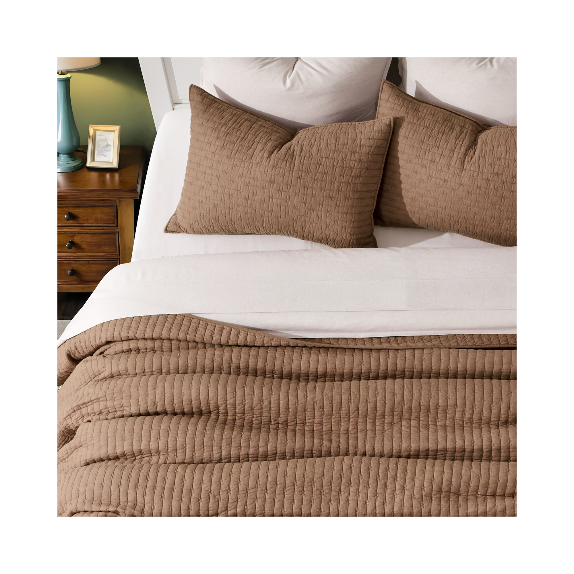 Cross Stitch Cotton Quilt set, Queen, Camel Brown