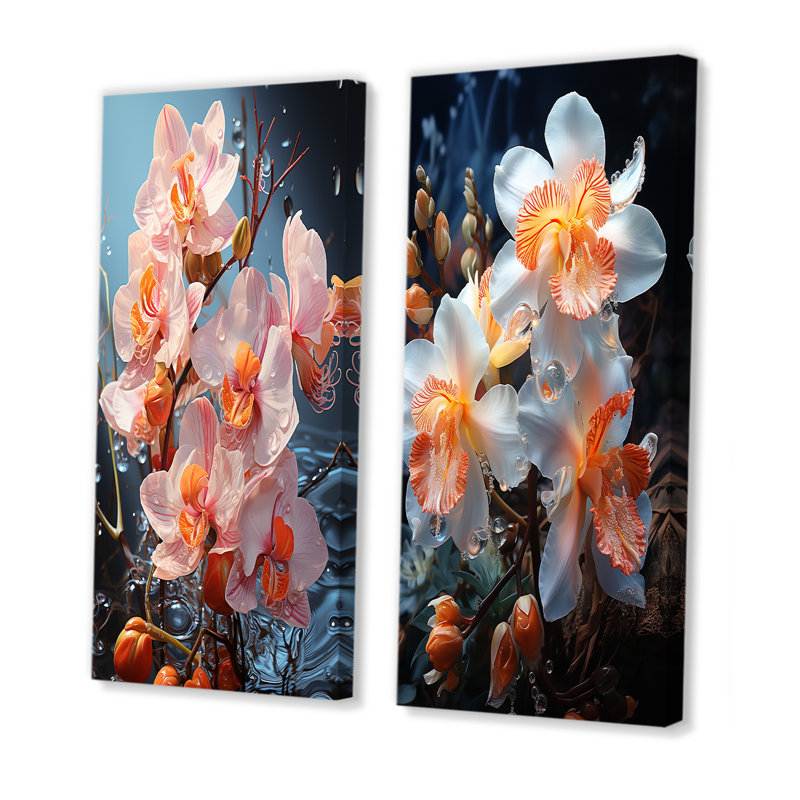 Élégantes fleurs d'orchidées I - ensemble de 2 reproductions d'art mural orchidées, Toile tendue, H 28 po x l 25 po