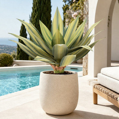 26in Artificial Agave Stakes - Set of 2, Yellow Variegated Narrow Leaf Faux Succulent Stems, UV Resistant No Pot for Outdoor Garden Decor