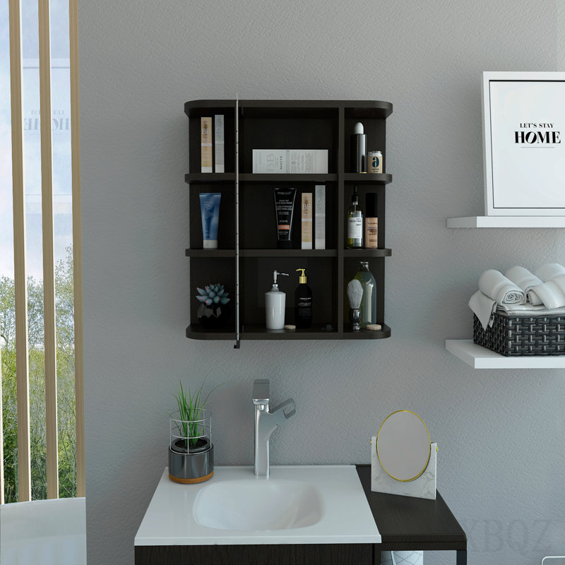 Medicine Cabinet, Six External Shelves Mirror, Three Internal Shelves -Light Grey, Black