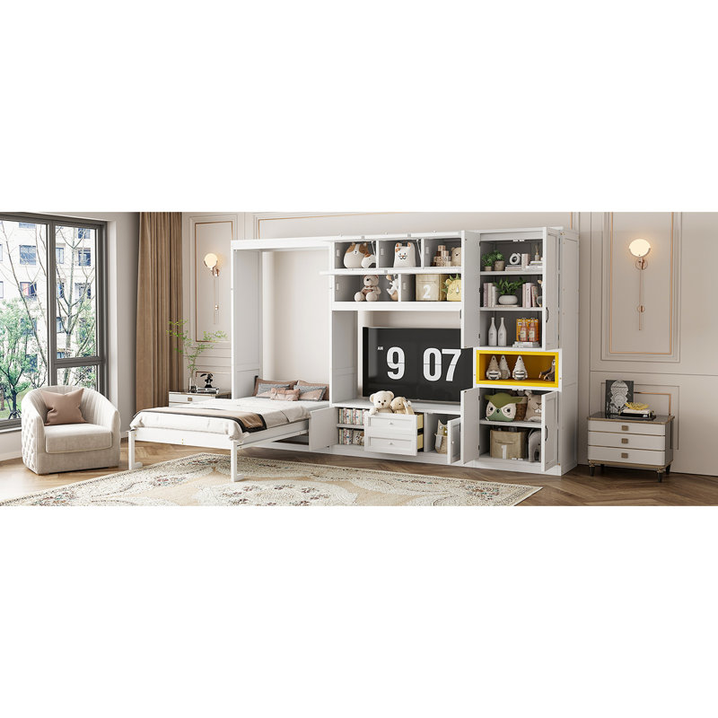 Lit simple blanc avec meuble télé intégré et tablettes de rangement pour petits espaces. Tiroirs en bois pour un rangement optimal dans les chambres d'appartement.
