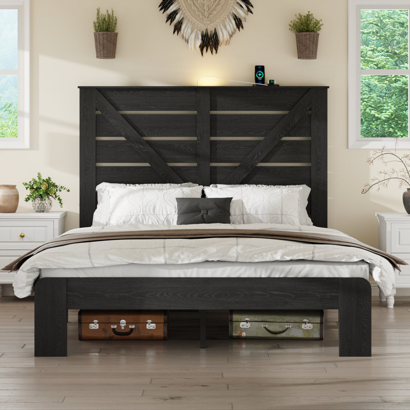 Base de lit plateforme en bois avec tête de lit, Lit double, Noir