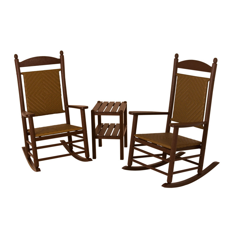 POLYWOOD Jefferson 3-Piece Woven Rocker Set, Tigerwood, Mahogany Frame
