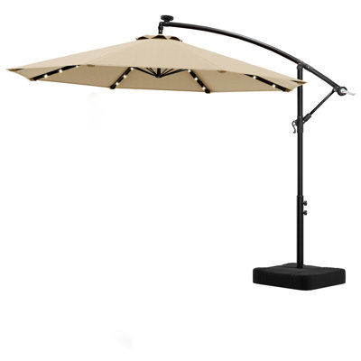 10 Ft Solar Led Offset Patio Umbrella With Base, 32 Led Lighted Cantilever Outdoor Umbrella, 8 Ribs Structure, Infinite Tilt & 360° Rotation Sun Shade For Pool Deck Backyard Garden, Beige
