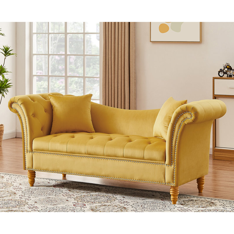 Repose-pieds de rangement rectangulaire en velours Jalinqua, 100 % polyester jaune moutarde