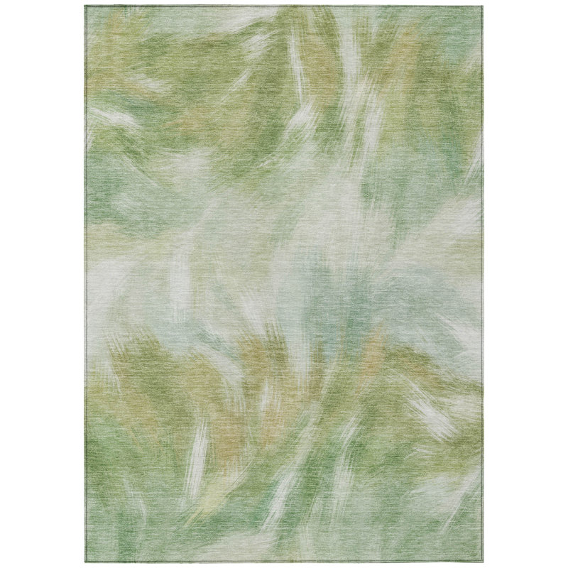 Machine Washable Indoor/Outdoor Xhevrie Green Rug, Rectangle 9' x 12'