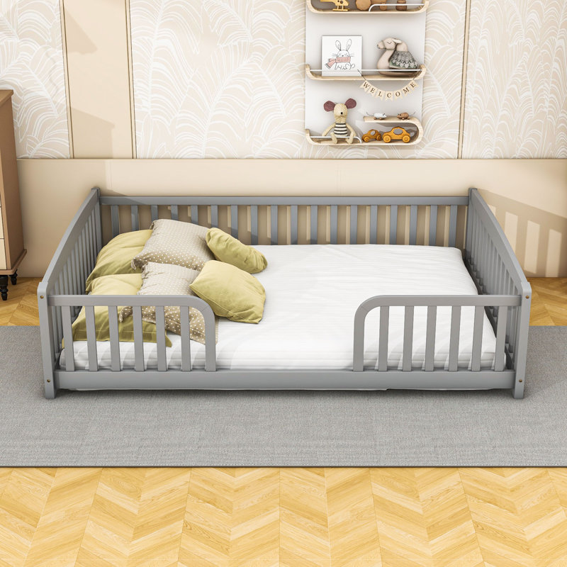 Lit multifonctionnel en bois avec clôture, Lit double, Grey