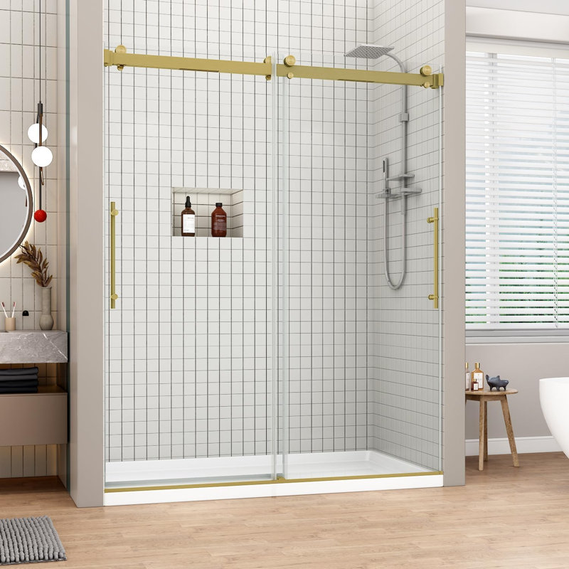 60" W X 76" H Double Sliding Frameless Shower Door with 5/16"(8mm) Clear Tempered Glass, Brushed Gold