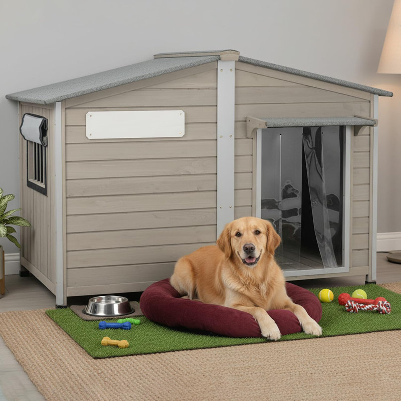 Niche pour chien d'extérieur, chenil en bois avec fenêtre pour grands chiens, gris, H 37,4 po x l 51,2 po x P 29,5 po