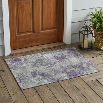 2' X 3' Purple and Green Abstract Washable Non Skid Indoor Outdoor Area Rug