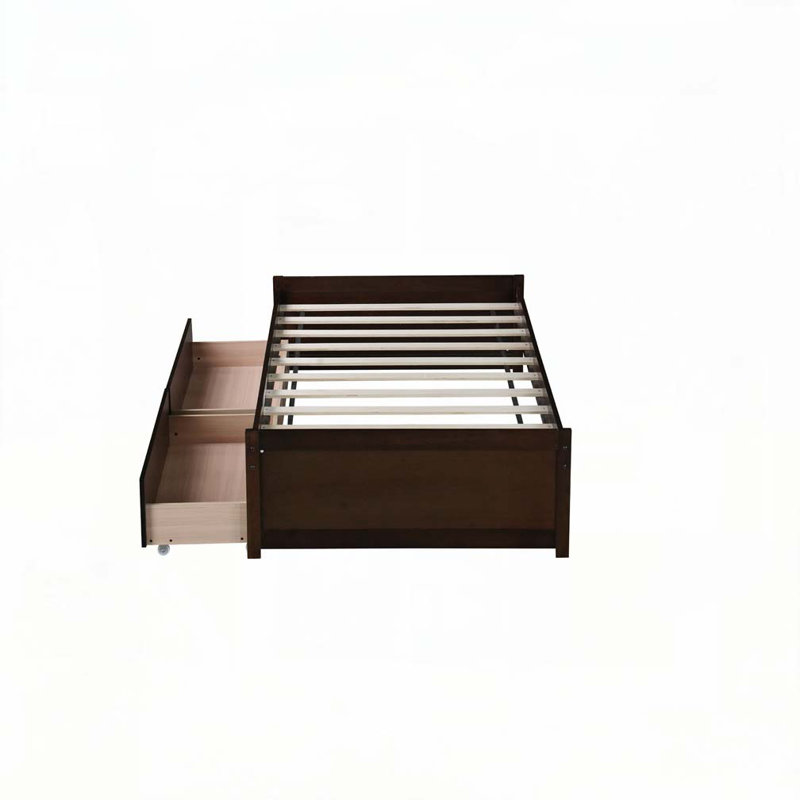 Solid Rubber Wood Bed  with 2 Drawers, Espresso