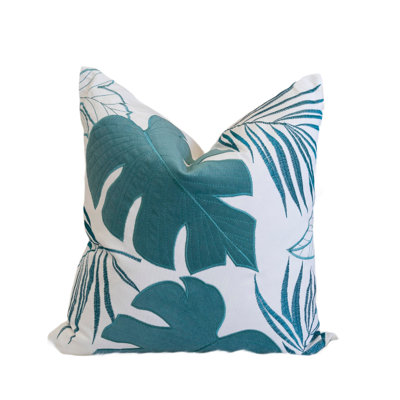 Lefy Accent Pillow, Blue Autumn Leaf Design On White Velvet, 20 Inch Square