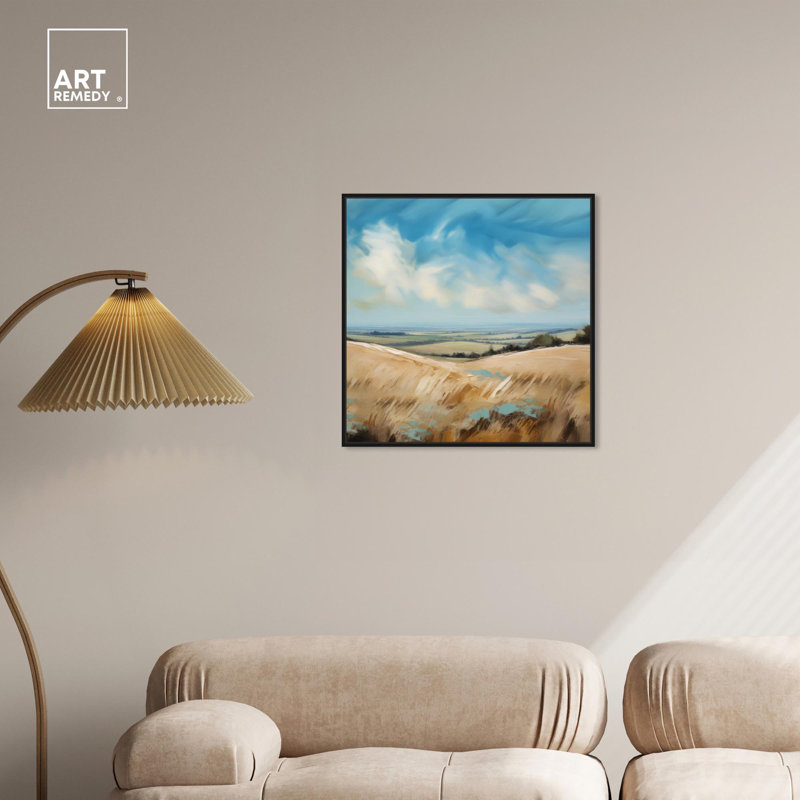 Handcrafted Beige and Blue Abstract Canvas Art with Black Frame