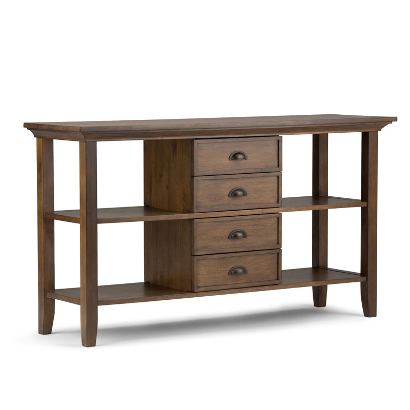 Redmond 54"W Solid Wood Storage Console Table with 4 Center Drawers and Open Shelves, Rustic Natural Aged Brown