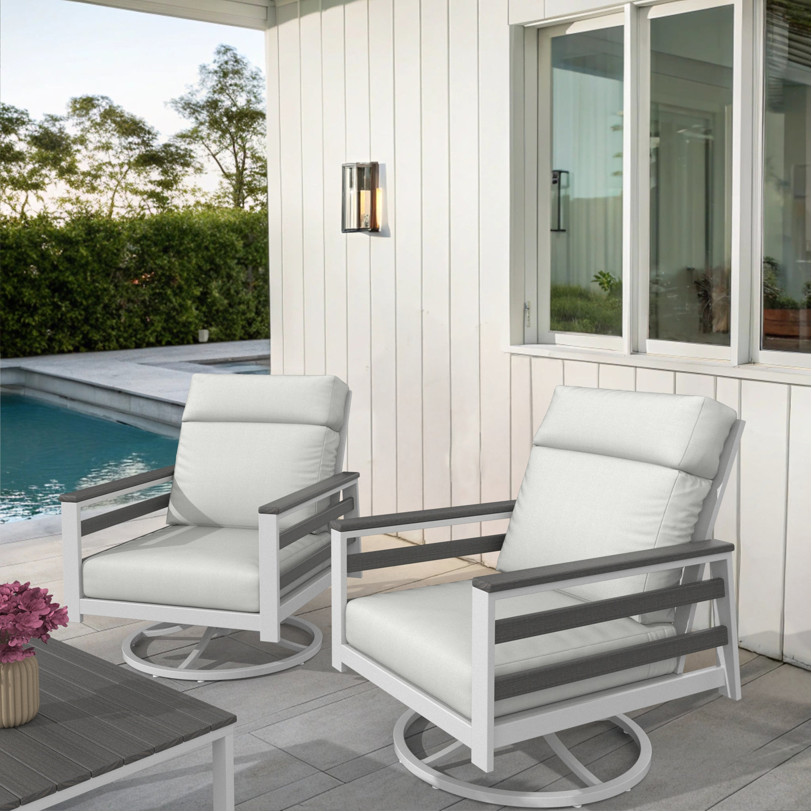Townsend Sunbrella® Swivel Patio Lounge Chair, Canvas White, Gray/White