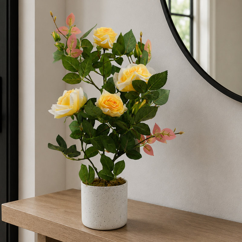 Plastic, Silk Rose Arrangement in Pot, Yellow