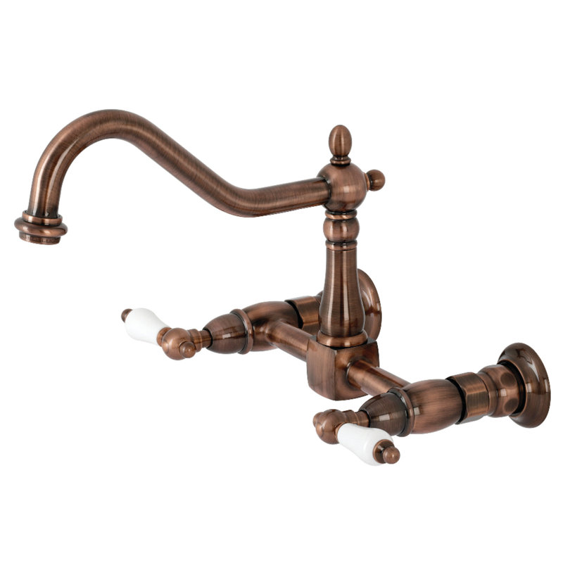 Kingston Brass Heritage Double-Handle 2-Hole Wall-Mount Bridge Kitchen Faucet, Antique Copper/White