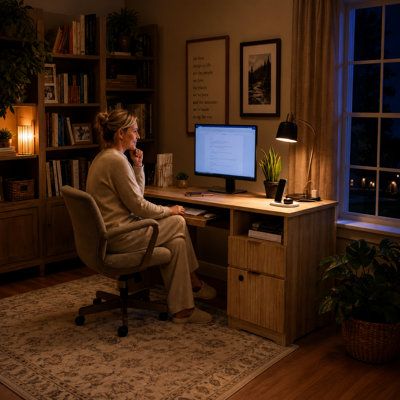 Neeru 55Inch Fluted Executive Desk with Fingerprint Lock, Modern Computer Writing Desks with Power Outlet, Home Office Desk with Keyboard Tray and Open Storage Compartment
