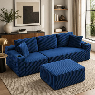 Canapé modulaire en L en velours côtelé avec repose-pieds et porte-gobelets