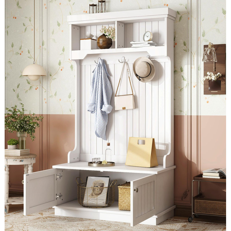 Hall Tree With Storage Shoe Bench For Entryway And Hallway, 4-In-1 Design Coat Racks With Hooks For Living Room, White, White