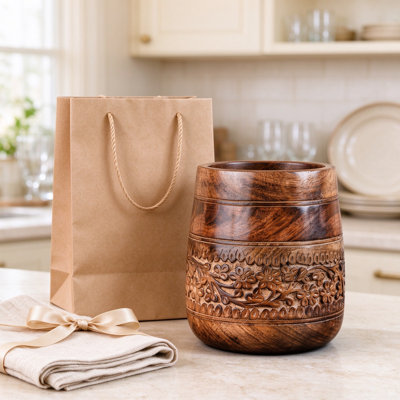 Porte-ustensiles de cuisine rustique en bois de manguier, orné de motifs floraux sculptés à la main, écologique, pour le rangement sur le comptoir et dans les tiroirs.
