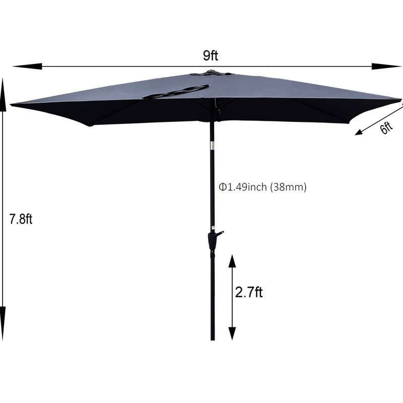 Parasol extérieur de 2,74 m x 1,83 m, toile résistante aux UV, manivelle et inclinaison, idéal pour la piscine et le jardin. Montage facile. Résistant à l'eau.