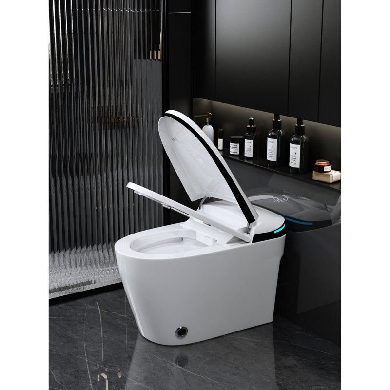 Luxury Bidet Smart Toilet - Auto Open/Close Seat, Foot Sensor, Siphonic Flushing, Warm Air Drying, White Porcelain, Flush, Remote Control With Built-In Seat Lid, Powerful Multiple Washing Modes