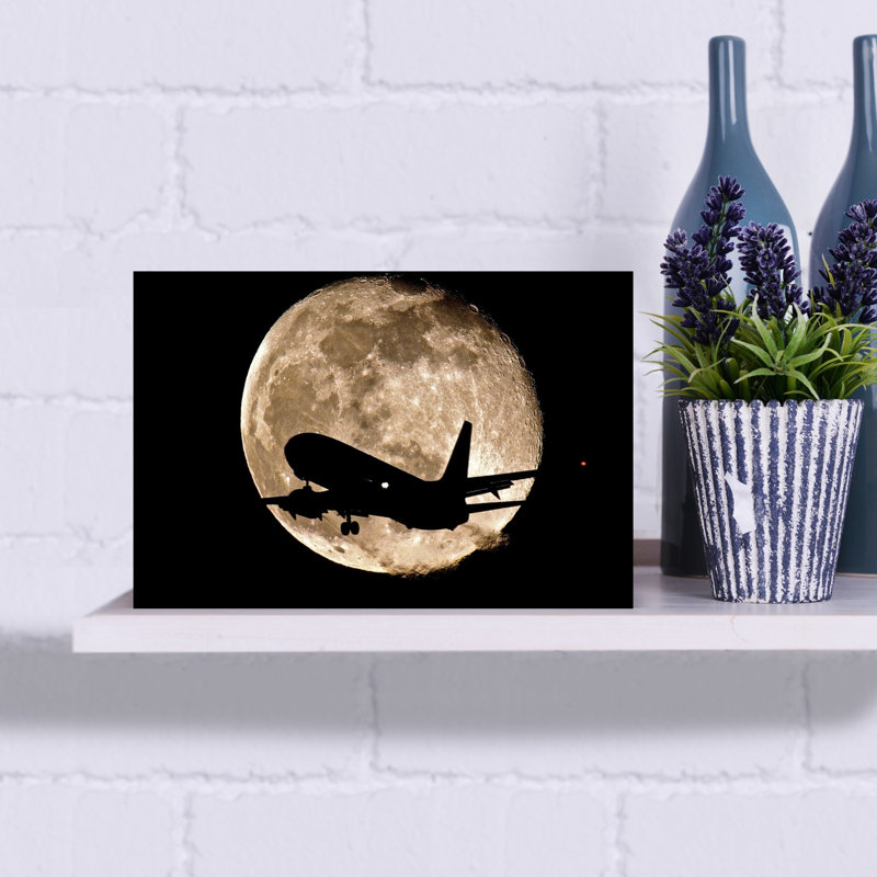 Jet en silhouette devant la lune, paysage abstrait moderne, art mural, H 18 po x l 12 po