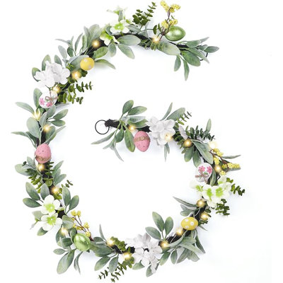  Guirlande œuf de Pâques pastel 6 pi pour manteau de cheminée avec lumières à DEL, guirlande florale printanière avec oreilles de mouton pour fenêtre