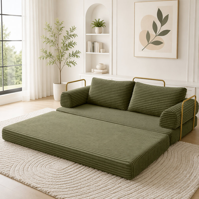 Canapé-lit convertible, canapé-lit pliant en velours côtelé, matelas de lit futon avec oreillers, Vert