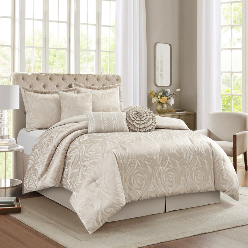 Alameda Floral 7 Piece Comforter Set, Queen Comforter + 6 Additional Pieces, Gold