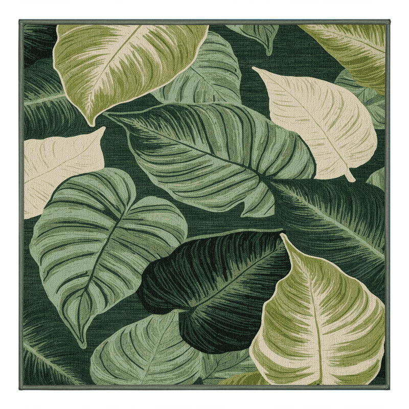 Machine Washable Botanical Green Area Rug, Square 3'