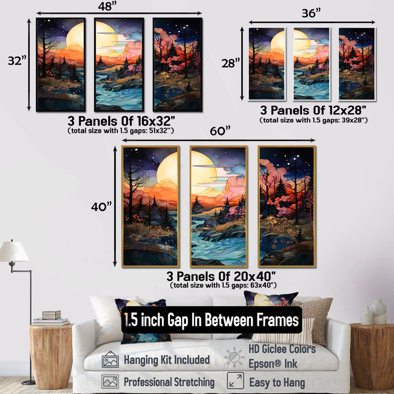 «Sunset Mountain Colorful Horizon II - Sunrises Sunset, ensemble d'art mural sur toile, Cadre flottant noir