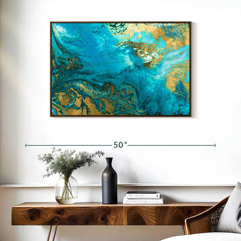 Texture bleue et dorée Phung, 37 po x 25 po, Cadre flottant noyer