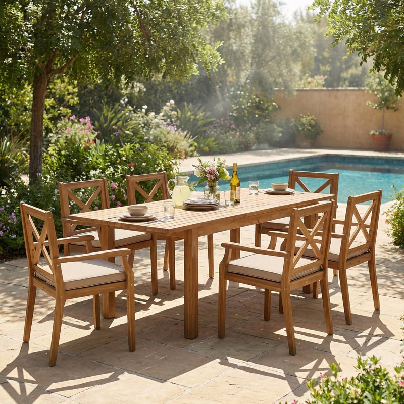 7 Pieces Wooden Outdoor Dining Set With Cushions And 6 Chairs, Cream, Teak
