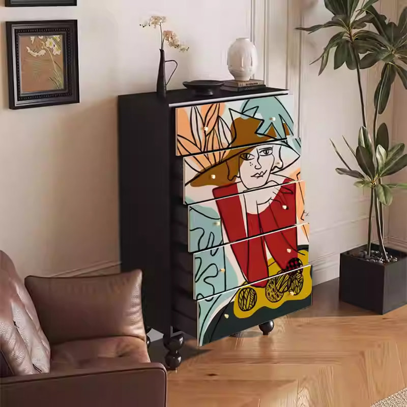 Armoire de rangement à cinq tiroirs avec cadre en noyer