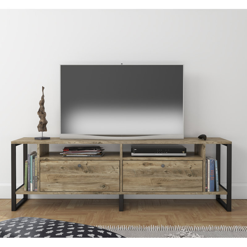 Meuble télé Lotus pour téléviseur de 65 po ou moins, console média rustique avec rangement et pieds en métal, finition bois de chêne brun clair