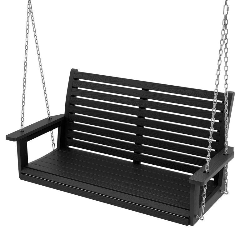 Balancelle d'extérieur pour 2 personnes, banc de patio suspendu de 4 pi - capacité de 660 lb, finition noire résistante aux intempéries avec chaînes pour jardin ou cour