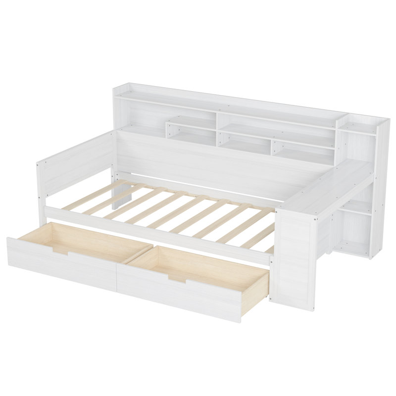 Lit de jour en bois avec tablettes de rangement, tiroirs et bureau Dexter, Lit simple, Blanc antique
