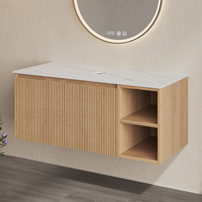 36" Light Wood Tone Floating Bathroom Vanity, Wall-Mounted Bathroom Cabinet with Countertop, No Sink, Natural Wood Grain Finish