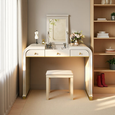 Classic Wood Vanity Desk With Flip Mirror, 3-In-1 Dressing Table With 2 Drawers And Storage Space For Bedroom