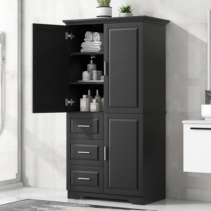 Armoire de rangement haute et large avec portes pour salle de bain / bureau, trois tiroirs, Black