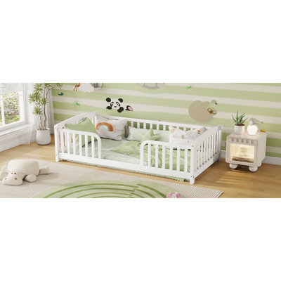 Safe Twin Floor Beds, Pine Wood Guardrail, Modern Compact Kids Room