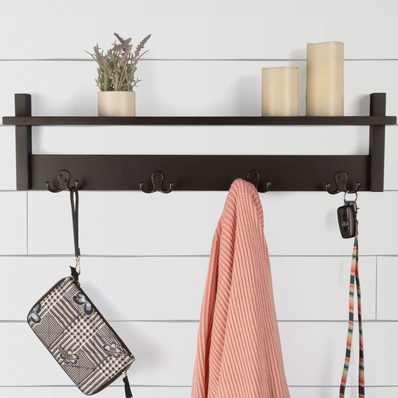 Coat Rack with Shelf - Wall Mount Shelf with 4 Hooks for Purses, Jackets and Keys - Coat Rack for Entryway, Mudroom, or Hallway by Lavish Home (Black)