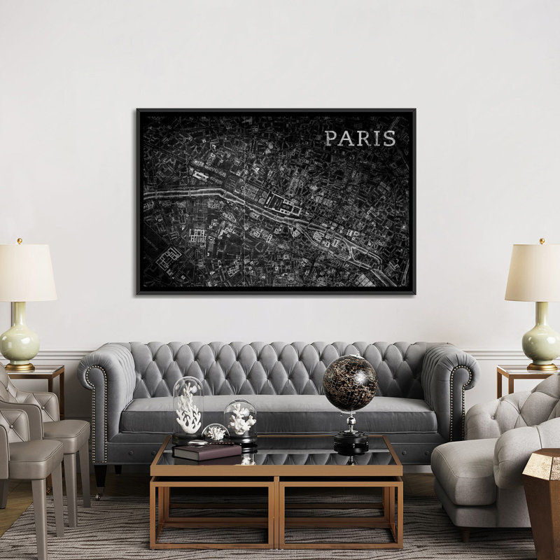 «Map Paris, Vintage in Black», impression sur toile, H 32 po x l 48 po x P 1,5 po, Toile avec cadre noir, Pas de tapis