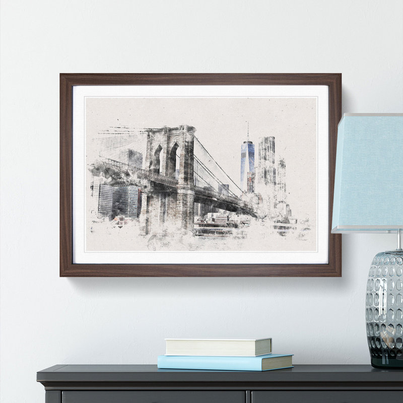 Brooklyn Bridge in New York - Picture Frame Graphic Art Print, 62cm H x 87cm W x 2cm D, Walnut Framed