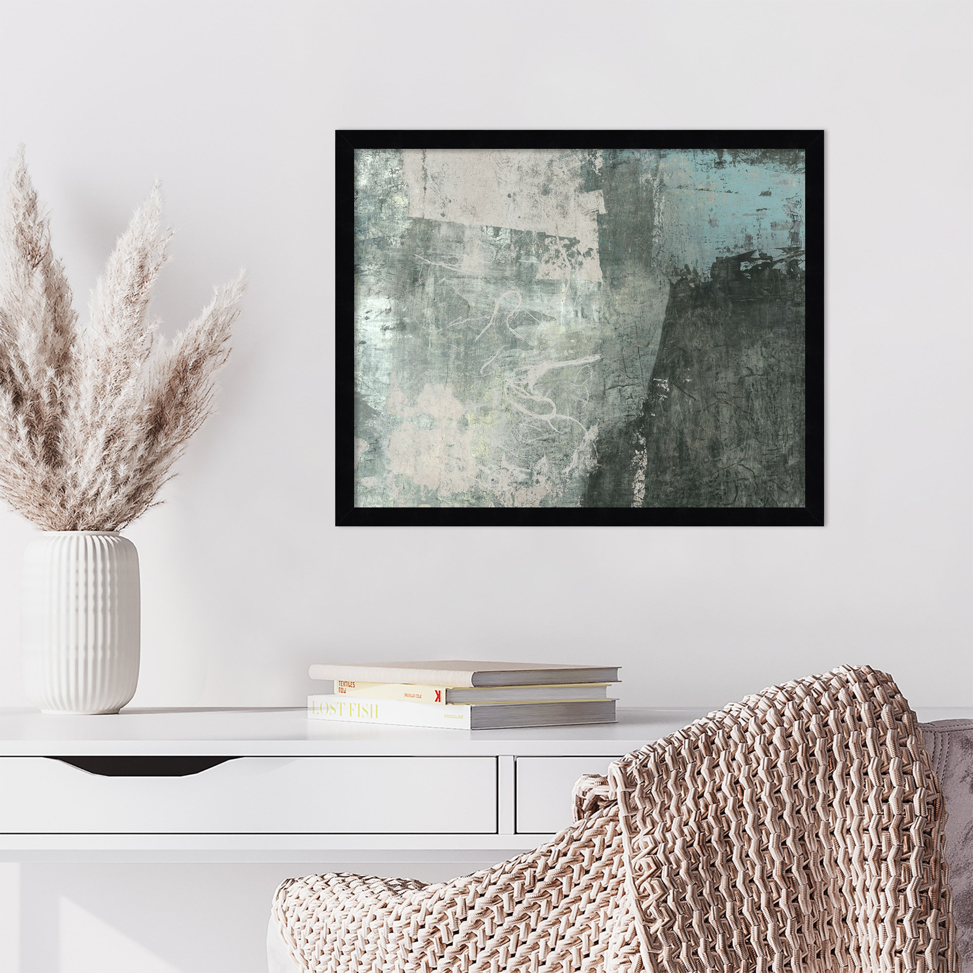 Black and Grey and Blue I by Fresno Wood Framed Wall Art Print, Black, 17" H x 21" W
