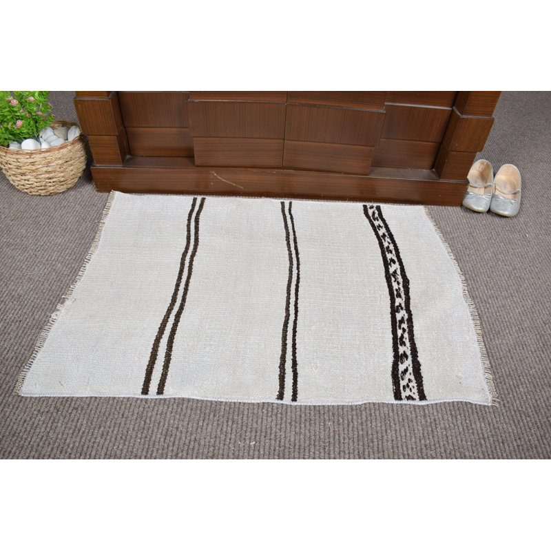 Chic Handcrafted Turkish Door Mat in Cream and Brown Stripes for Bohemian Entryway Decor